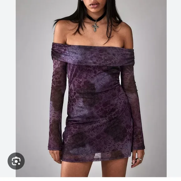 NWT Urban Outfitters Paisley Mesh Off Shoulder Dress - Picture 3 of 12